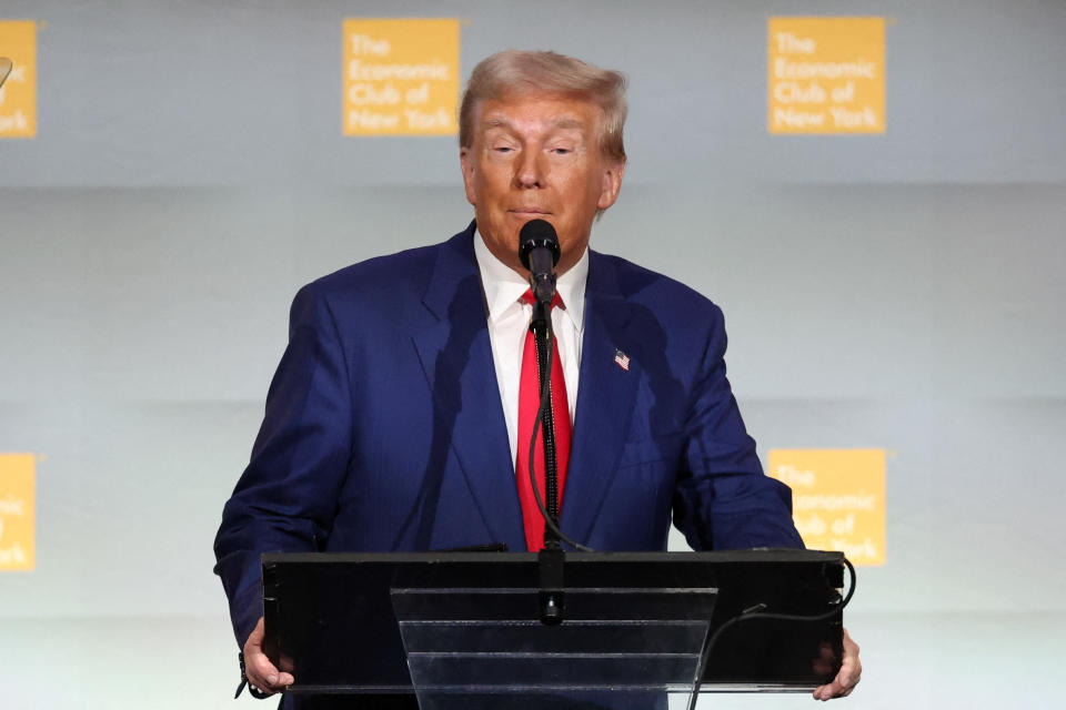 Republican presidential candidate and former U.S. President Donald Trump speaks at the Economic Club of New York in New York City, U.S., September 5, 2024. REUTERS/Brendan McDermid